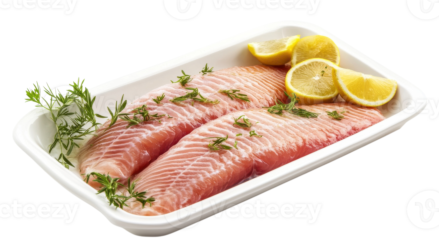 Fresh fish fillets with lemon slices and herbs on a white platter ready for cooking png