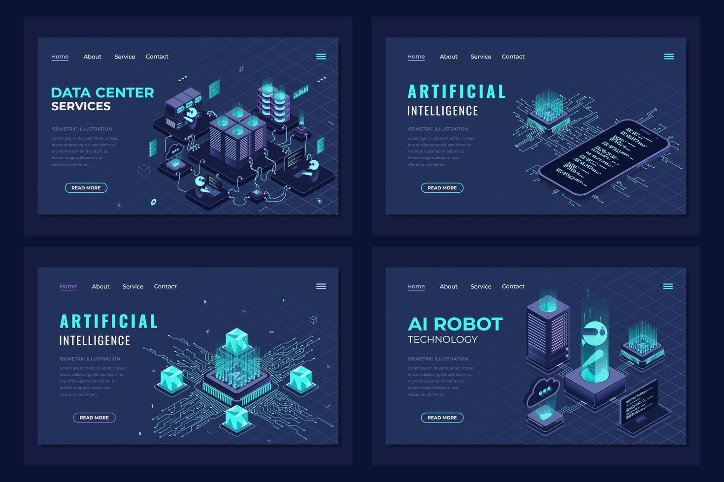 Set of isometric landing page template. Modern technology concept for data center, AI robot, and artificial intelligence. Isometric technology vector
