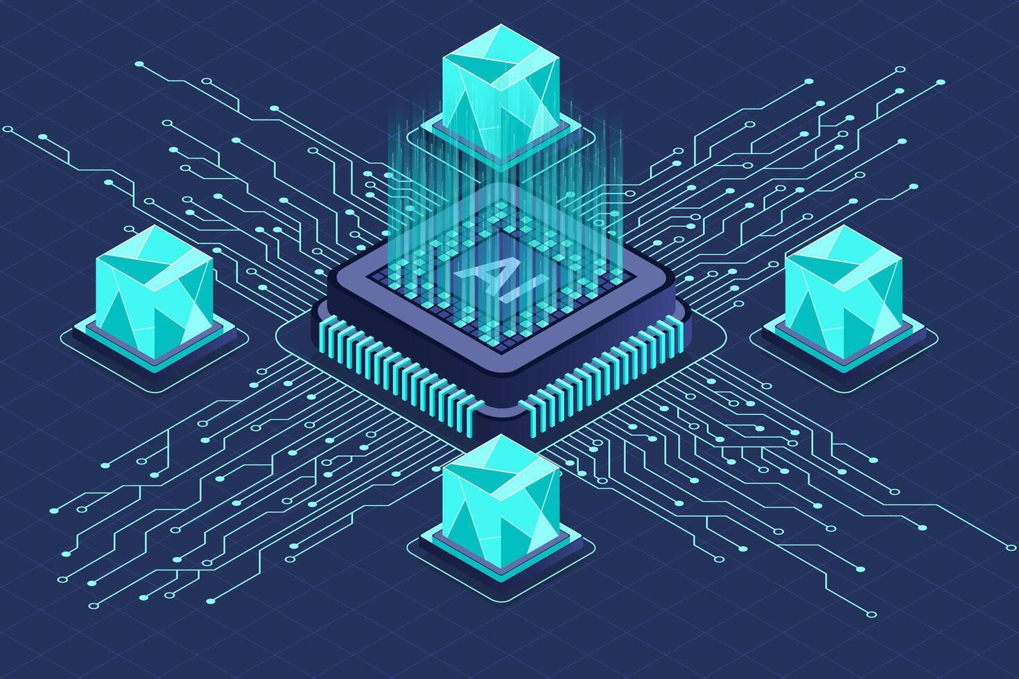 Isometric artificial intelligence chip concept. Artificial intelligence concept. Microchip processor vector
