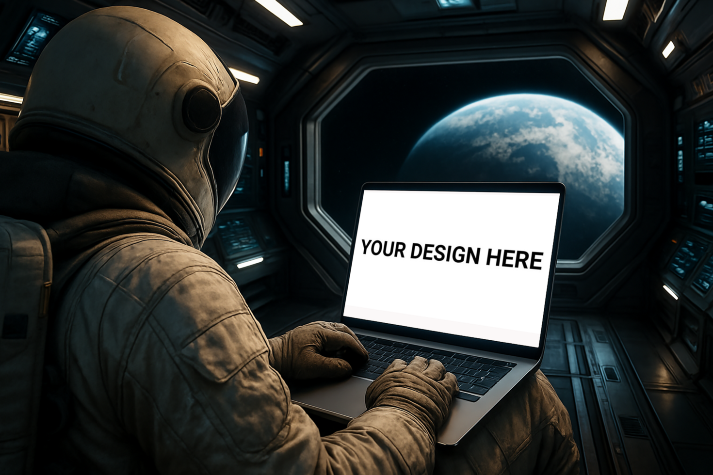 astronaut working on laptop in space psd