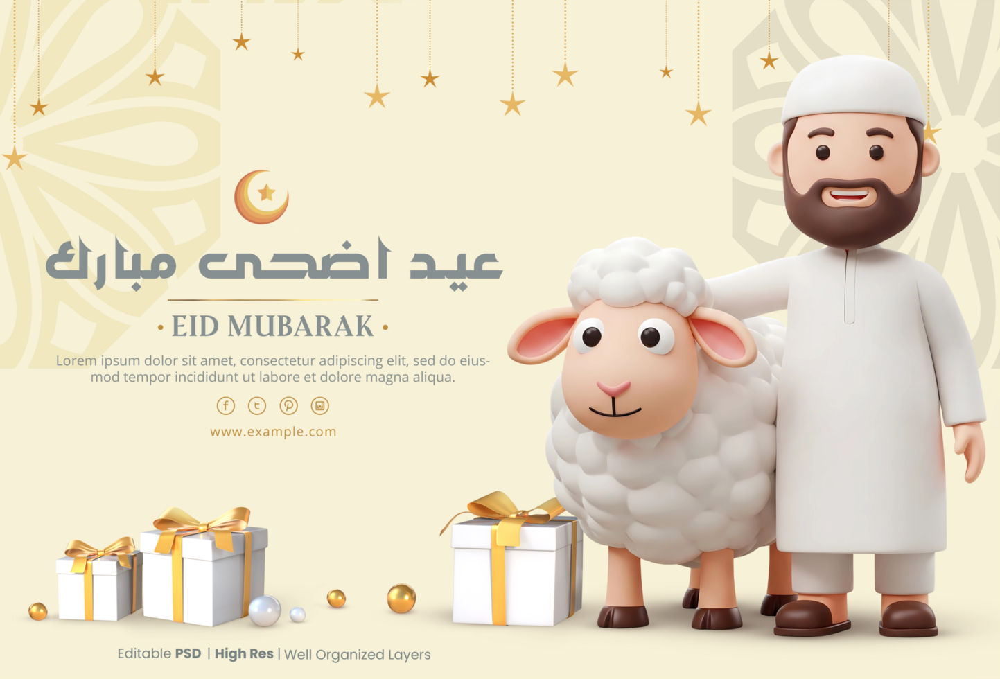Eid Mubarak background with 3d arab man and white sheep cartoon characters psd