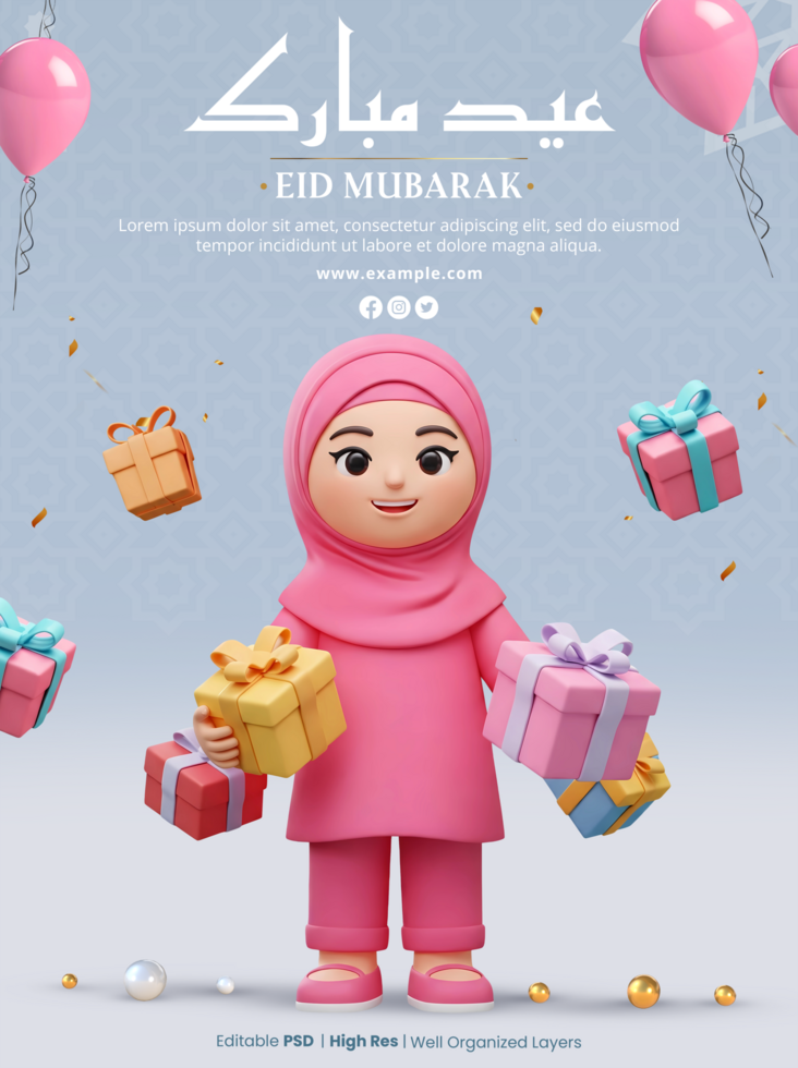 Eid Mubarak poster template with 3d cartoon cute girl wearing a hijab with gifts psd