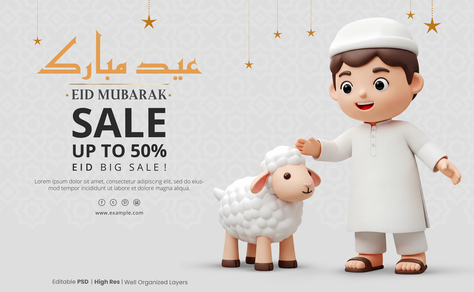 Eid Mubarak sale background with 3d cartoon arab boy and white sheep psd
