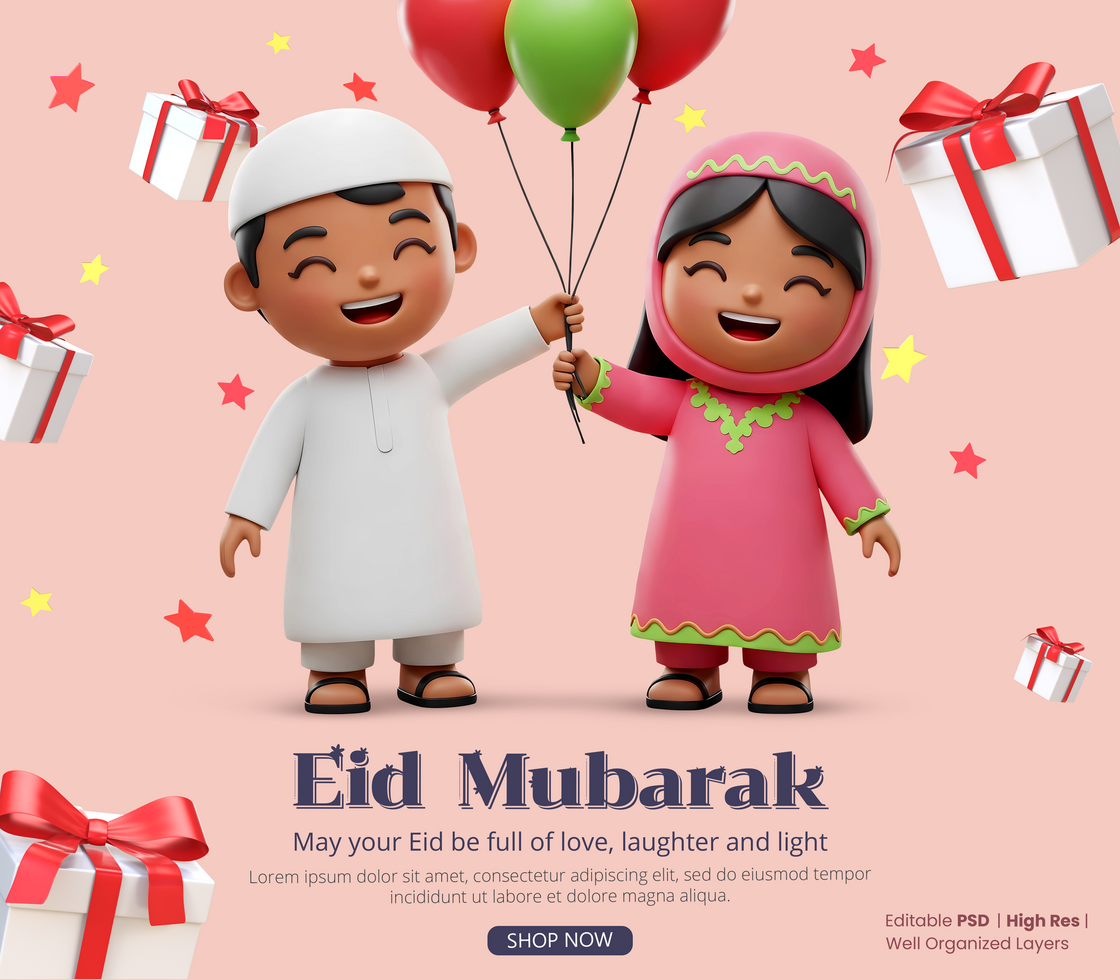 Eid Mubarak background with 3d two arab children cartoon characters holding balloons psd