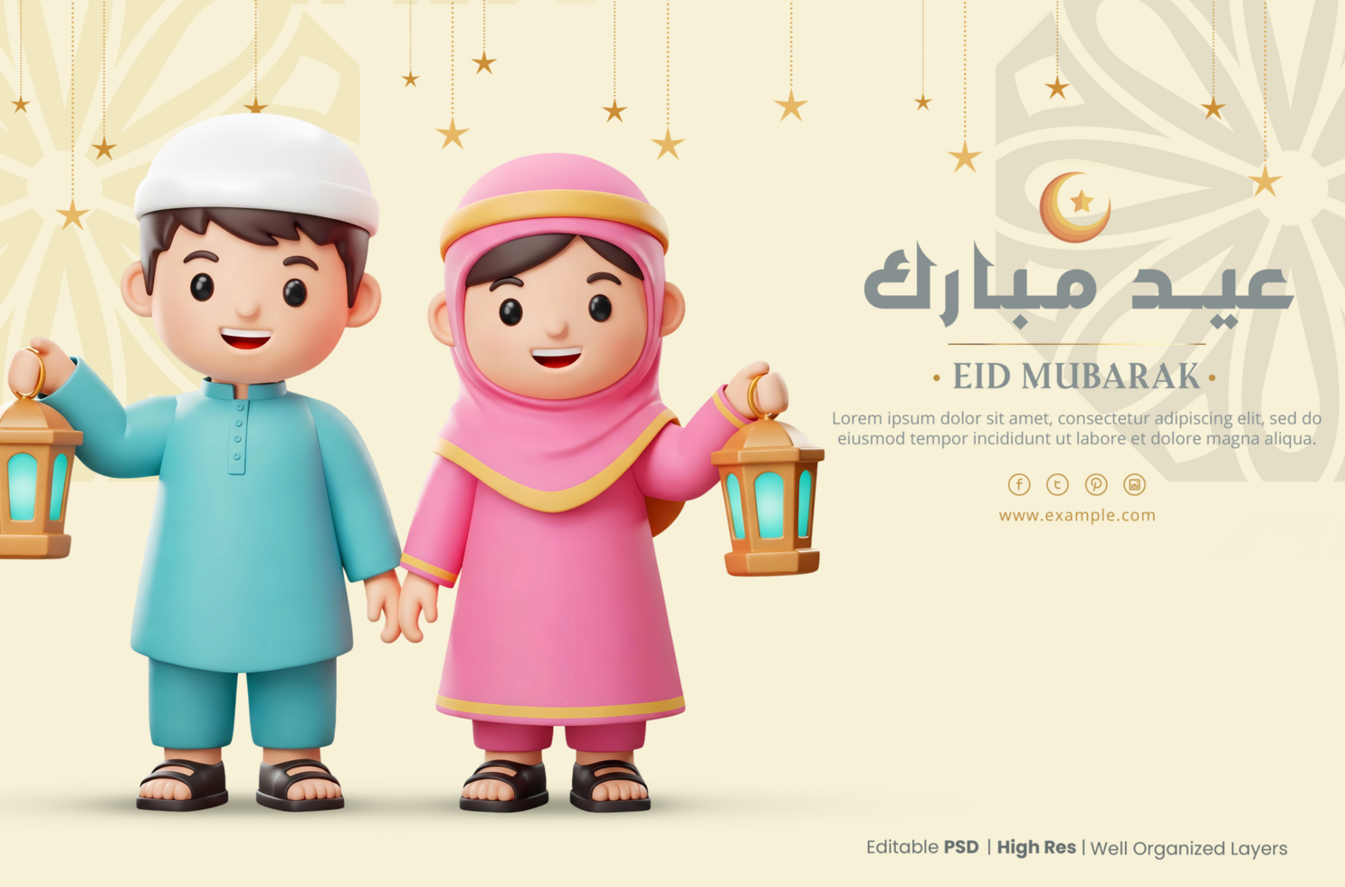 Eid Mubarak background with 3d two arab children cartoon characters holding lanterns psd