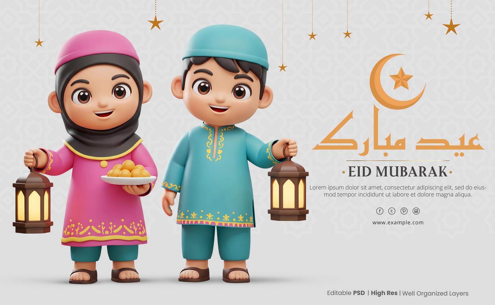 Eid Mubarak background with 3d two arab children cartoon characters holding lanterns and food psd
