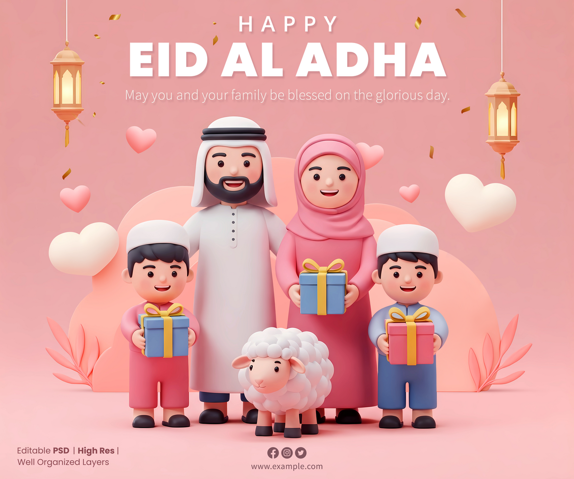 Happy Eid Al Adha background with 3d cartoon Muslim family celebrating Eid with gifts and sheep psd