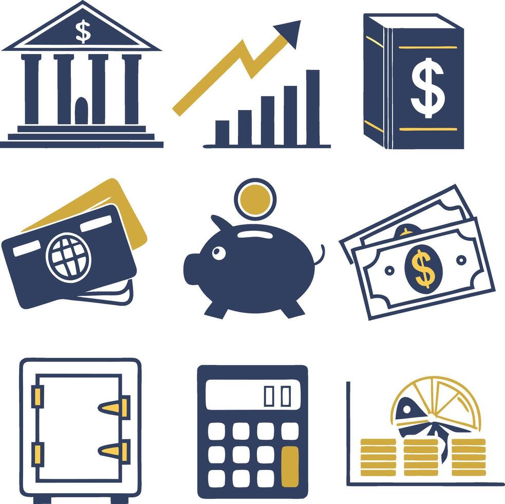 finance and banking icons with money credit card piggy bank and growth chart symbol vector
