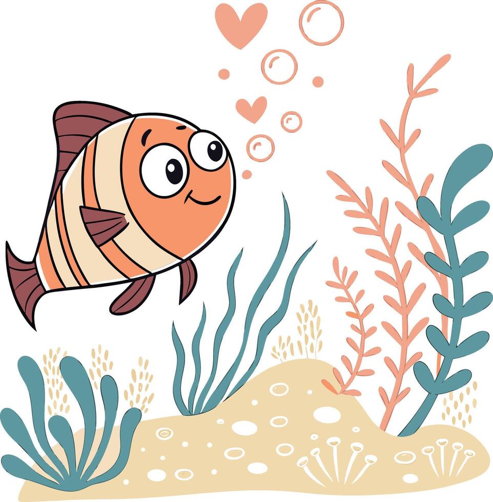 cute cartoon fish underwater scene with seaweed and bubbles in marine ocean habitat vector