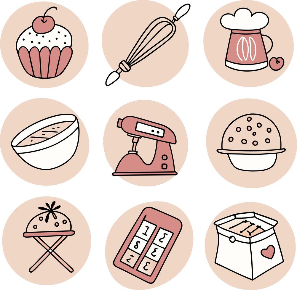 cute kitchen and bakery icons set food tools dessert and cooking equipment illustration vector