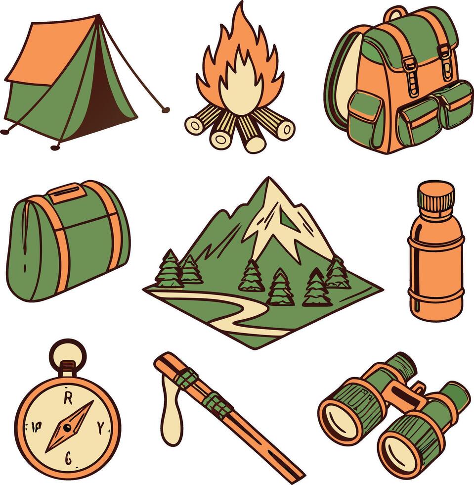 camping equipment icons with tent fire backpack mountain compass and outdoor tools vector