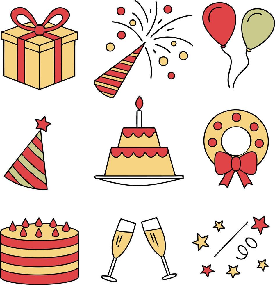 celebration icons with cake balloons gift and party elements in fun flat style art vector
