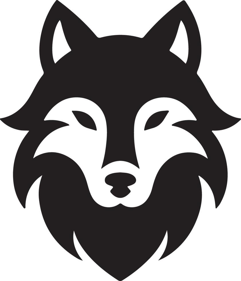 A minimalist black and white illustration of a wolf head facing forward on white background vector