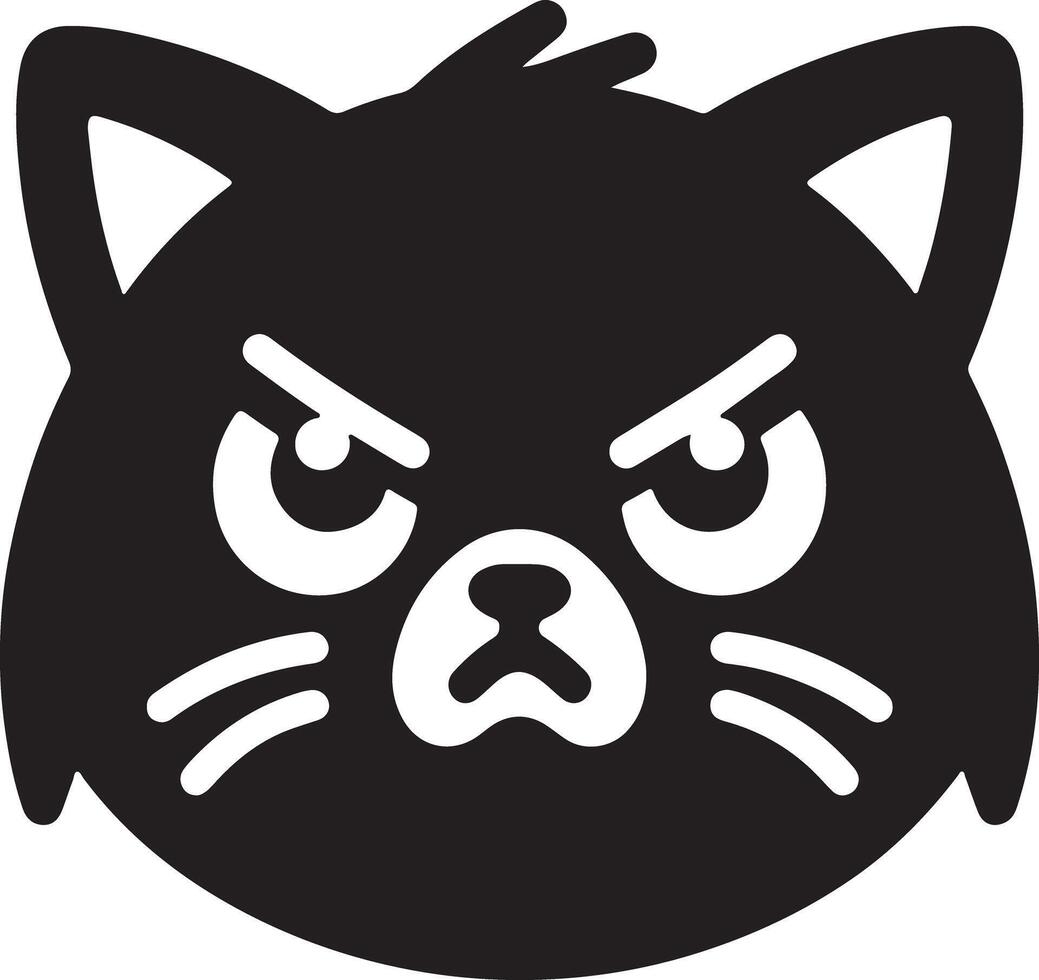 A stylized black cat head with an angry expression on a white background design art vector