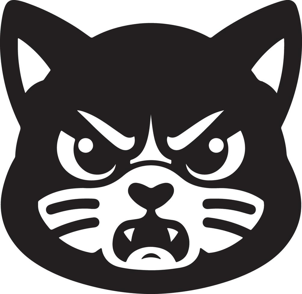 A stylized black and white illustration of an angry cat face with sharp teeth out vector