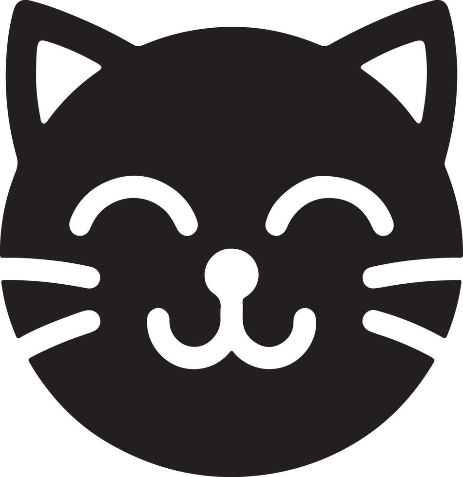 A simple black and white illustration of a smiling cat face with pointy ears up vector