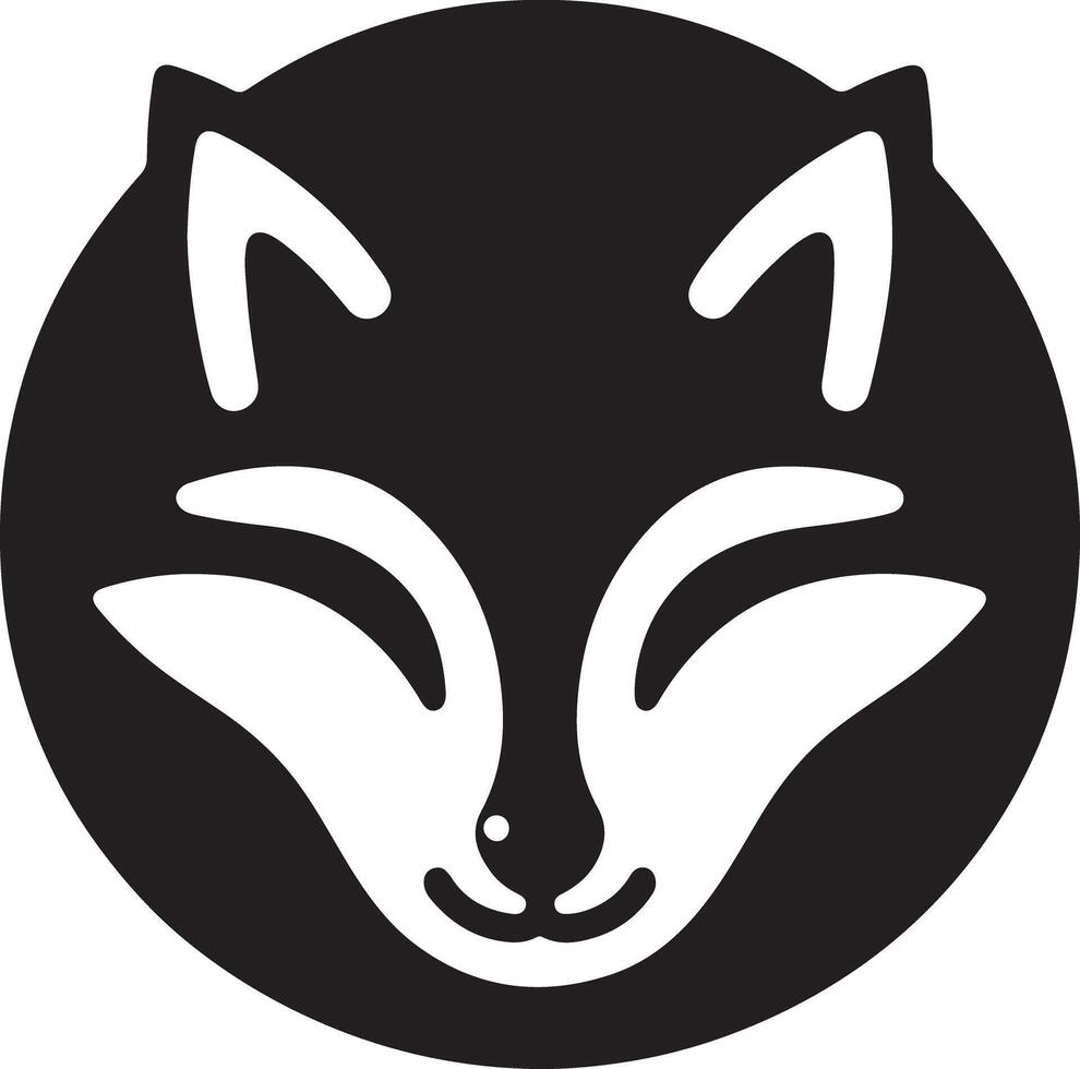 A black and white illustration of a fox head inside of a black circle design icon vector