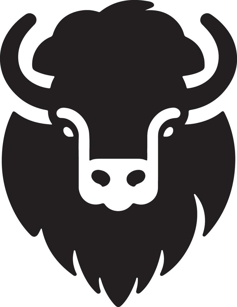 A stylized black and white illustration of a bison head with curved horns design vector