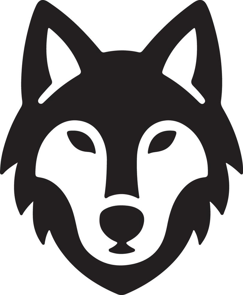 A stylized black and white wolf head with pointed ears and a rounded nose design art vector