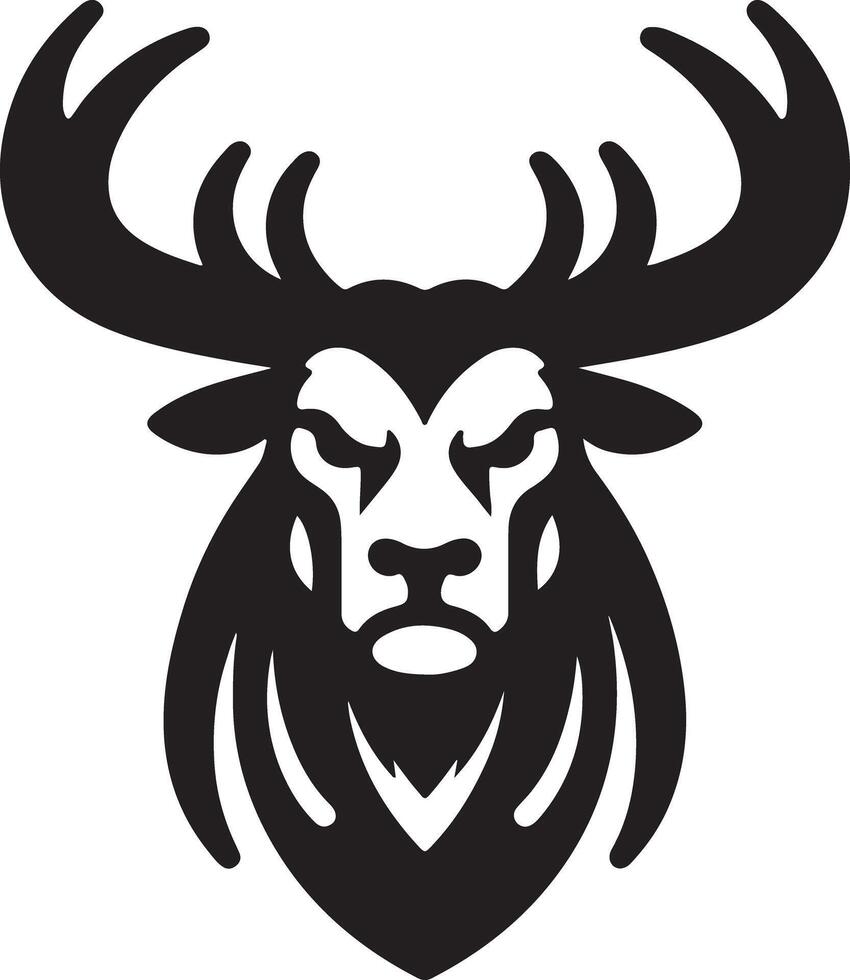 A stylized black and white illustration of a deer head with large antlers design art vector