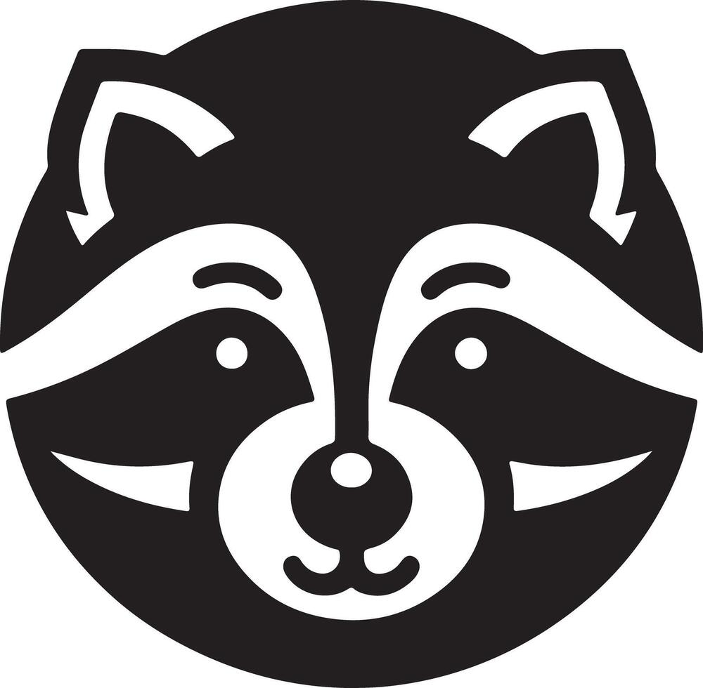 A graphic black and white illustration of a raccoon head in a circular shape design vector