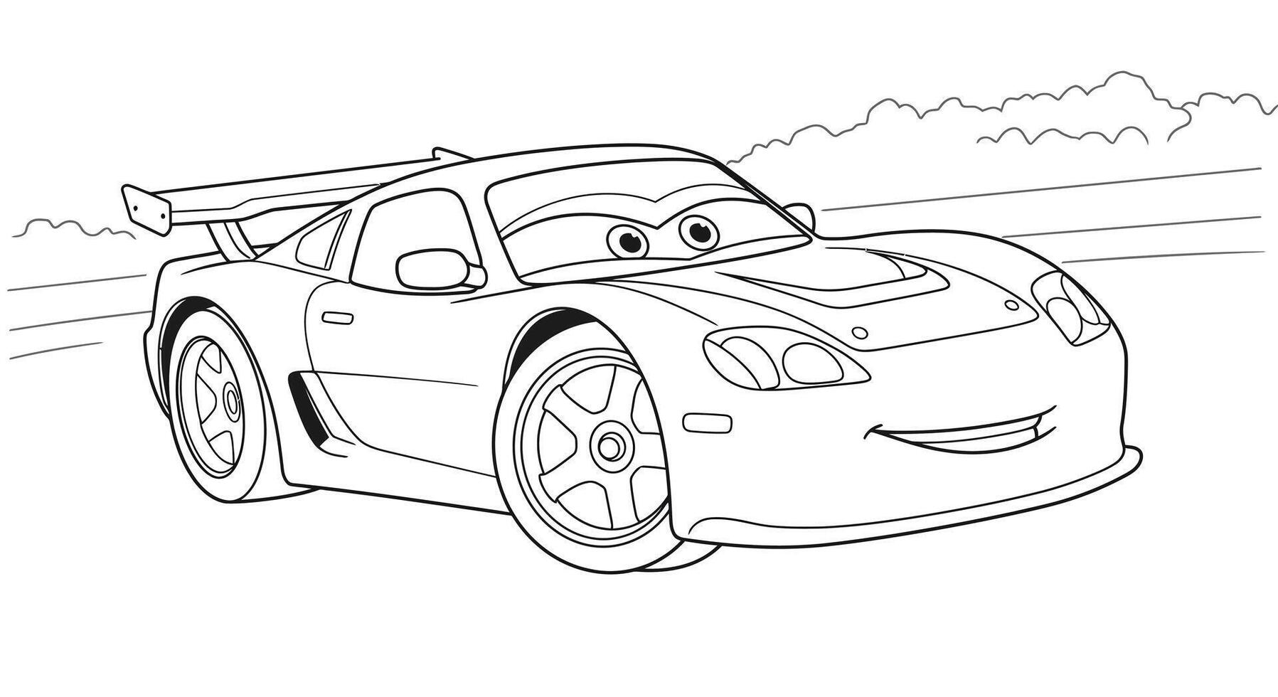 Exciting Pixar style cartoon race car illustration, perfect for children's fast-paced coloring activities vector
