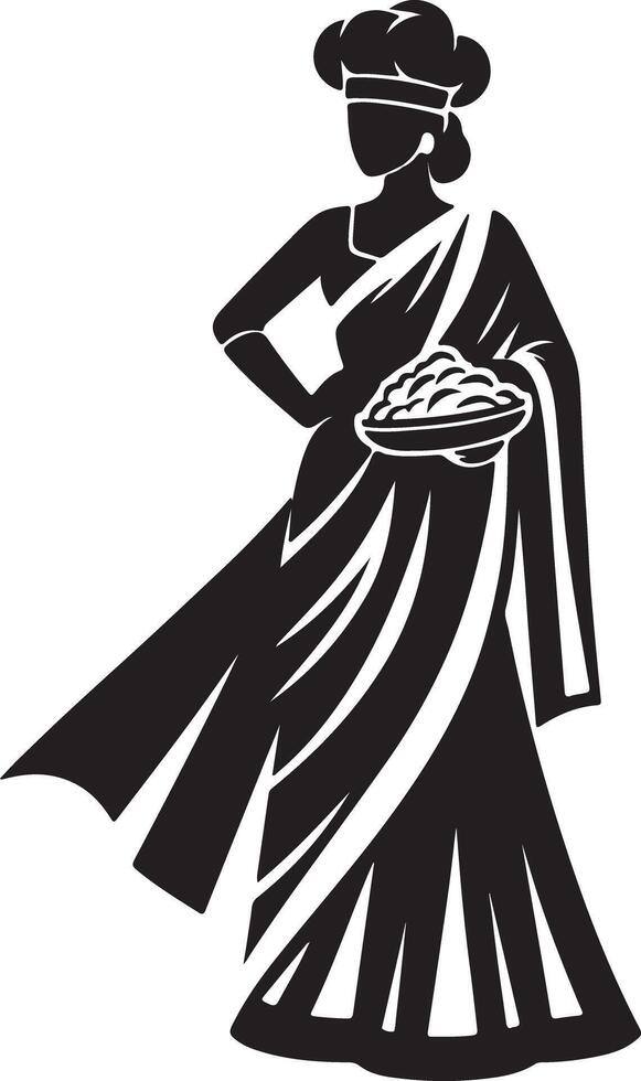 Silhouette of woman in saree and chef hat holding food bowl in black and white art vector
