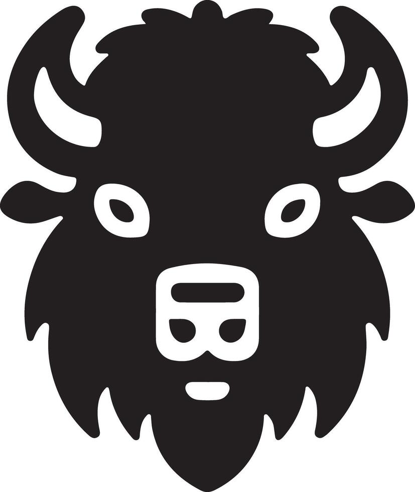 A black and white graphic illustration of a bison head with simplified features vector
