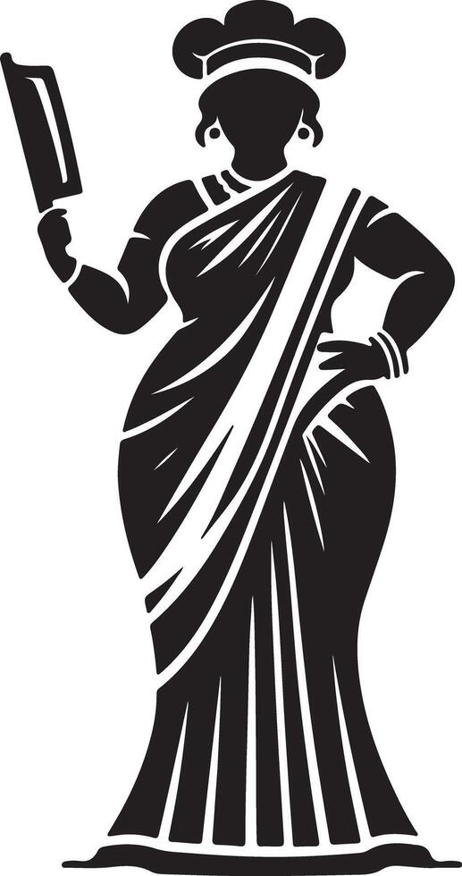 Woman chef in sari holding cleaver in black and white illustration art vector