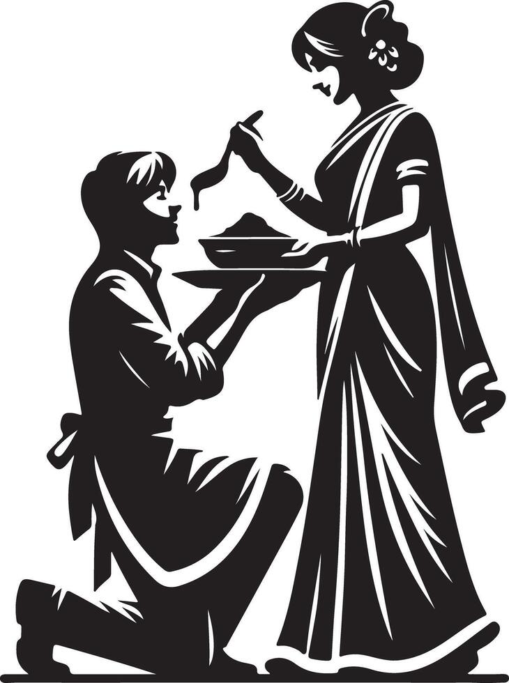 Man kneels offering food to woman in sari with flower in hair in black and white art vector