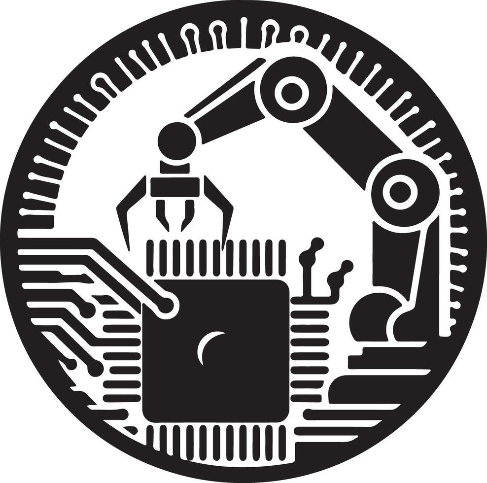 Robotic arm assembling a microchip in a circular emblem black and white design vector