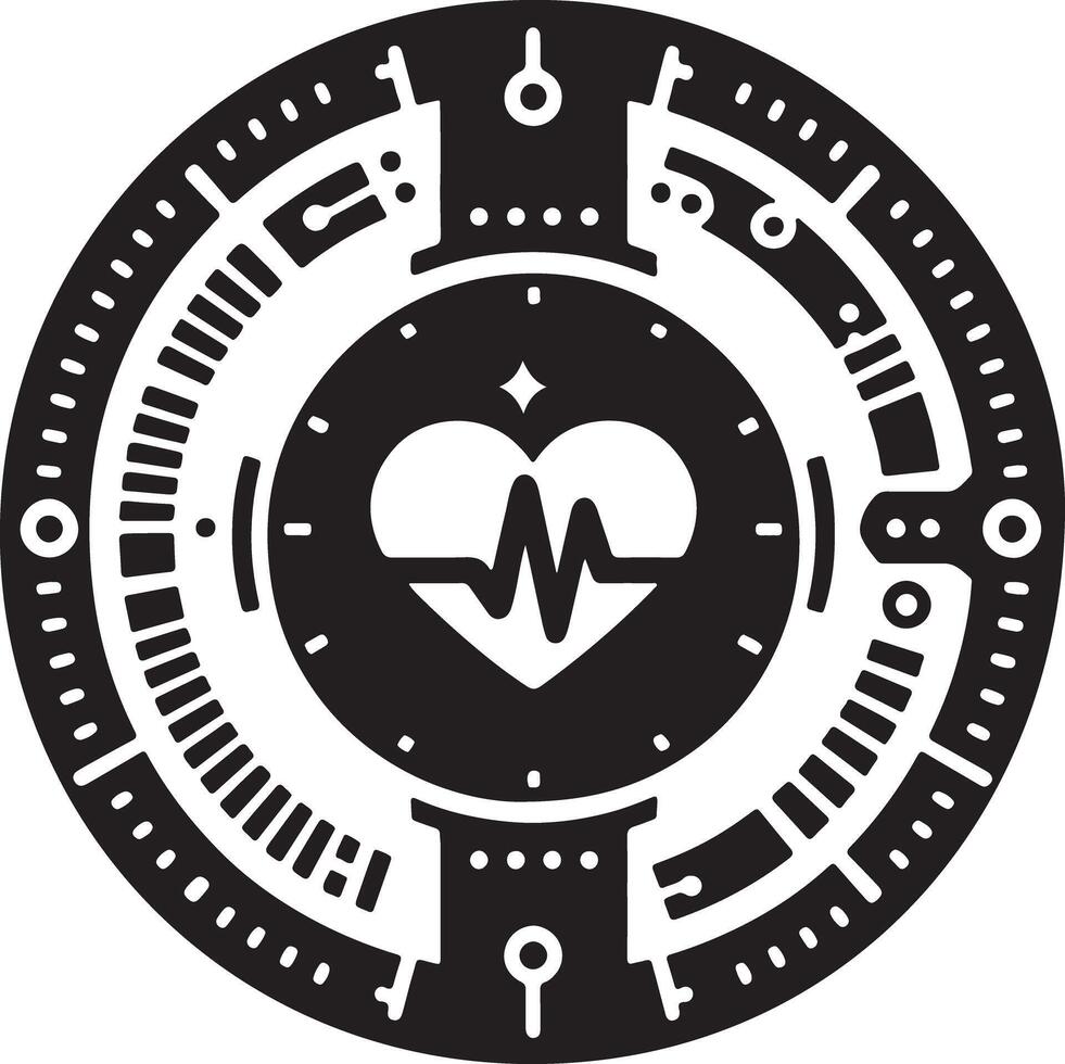 Circular black and white design featuring a heart with an electrocardiogram line vector