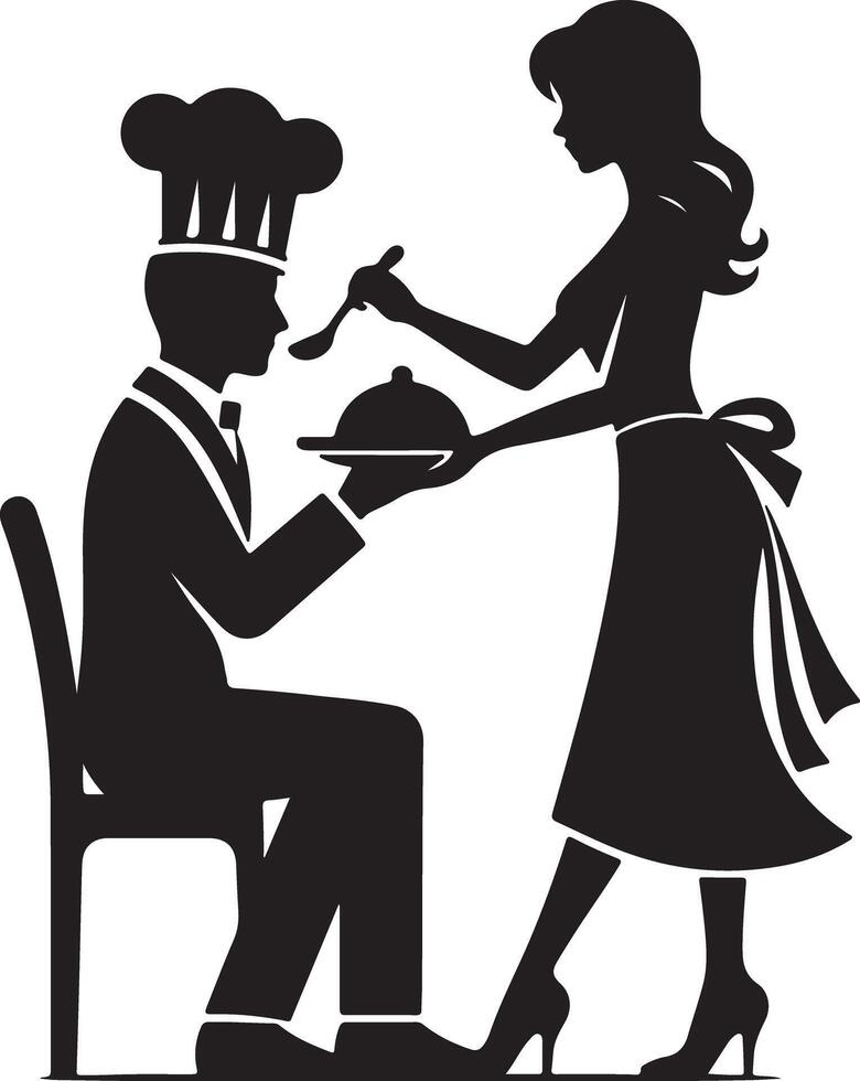 Silhouette of a chef being served food by a waitress in a black and white image vector