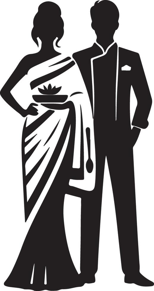 Silhouette of woman in sari holding bowl next to chef in uniform, black and white vector
