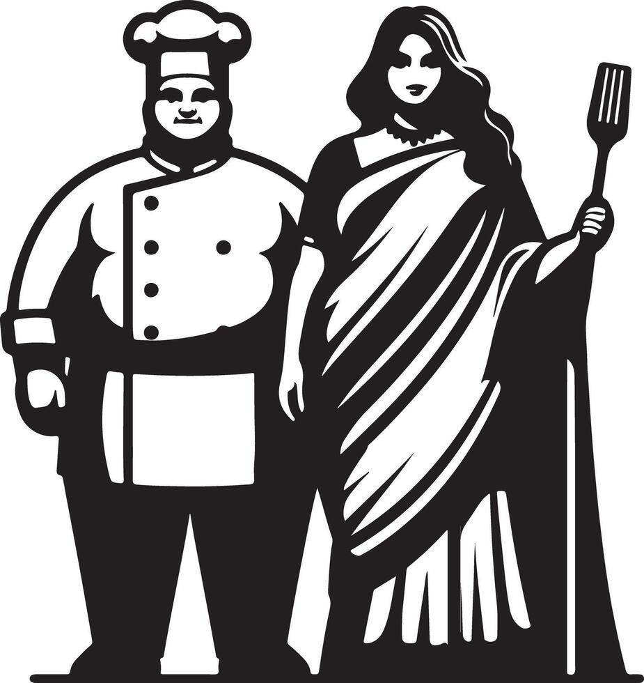 Illustration of a chef and a woman in a sari holding a spatula in black and white vector