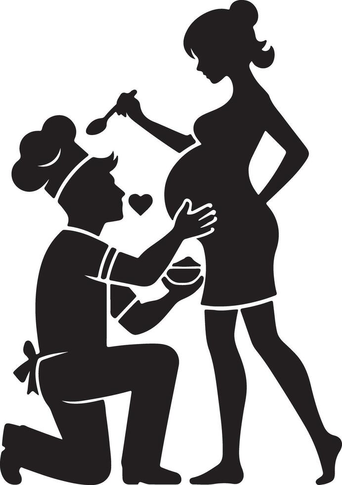 Silhouette of chef kneeling before pregnant woman with spoon and bowl in black and white vector