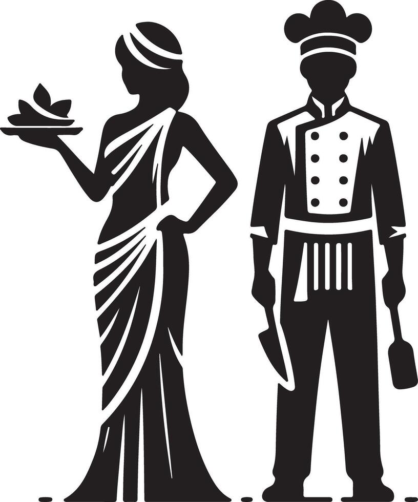 Silhouette illustration of a waitress and chef standing together in black and white vector