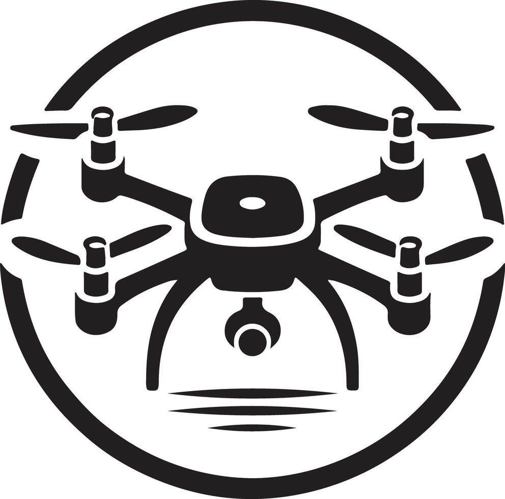 Black drone illustration with a camera inside a black circle on a white background vector