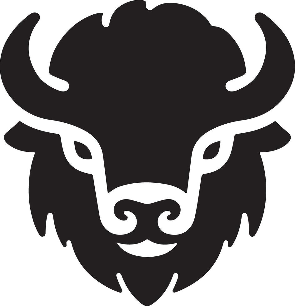 A stylized black and white illustration of a bison head with curved horns and beard vector