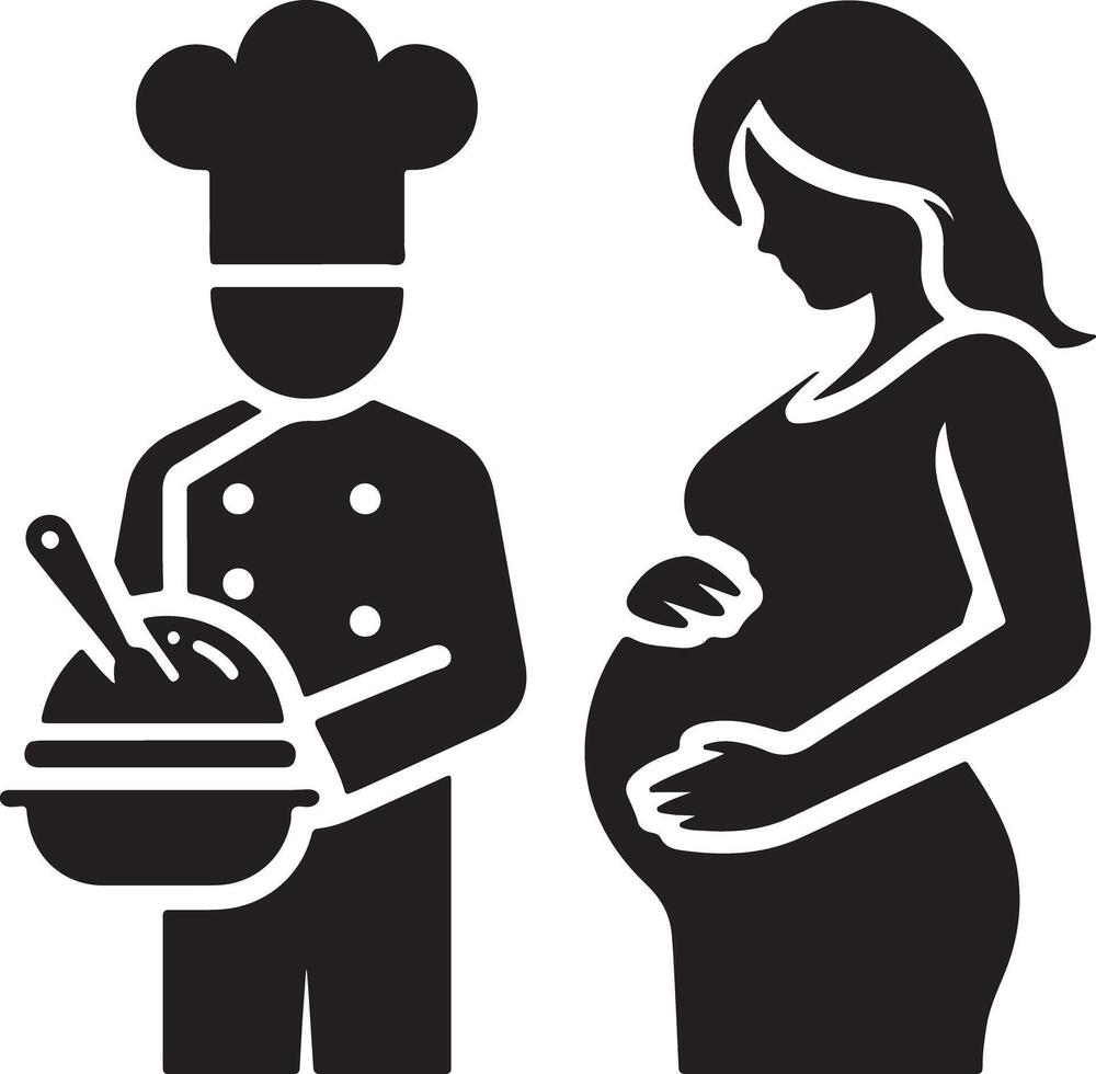 Chef holding bowl with pregnant woman standing next to him in black and white art vector
