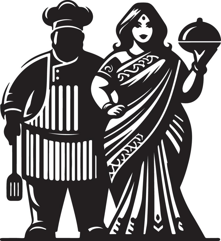 Chef and woman in sari presenting food in monochrome illustration design style vector