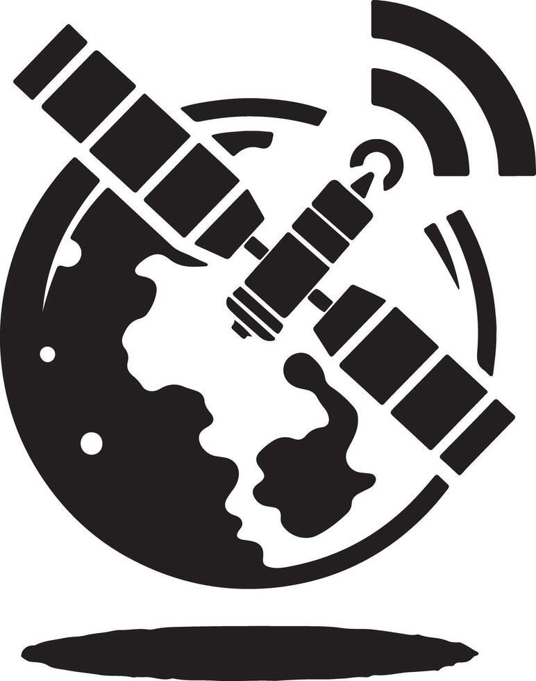 Illustration of a satellite orbiting a globe with communication waves in black and white vector
