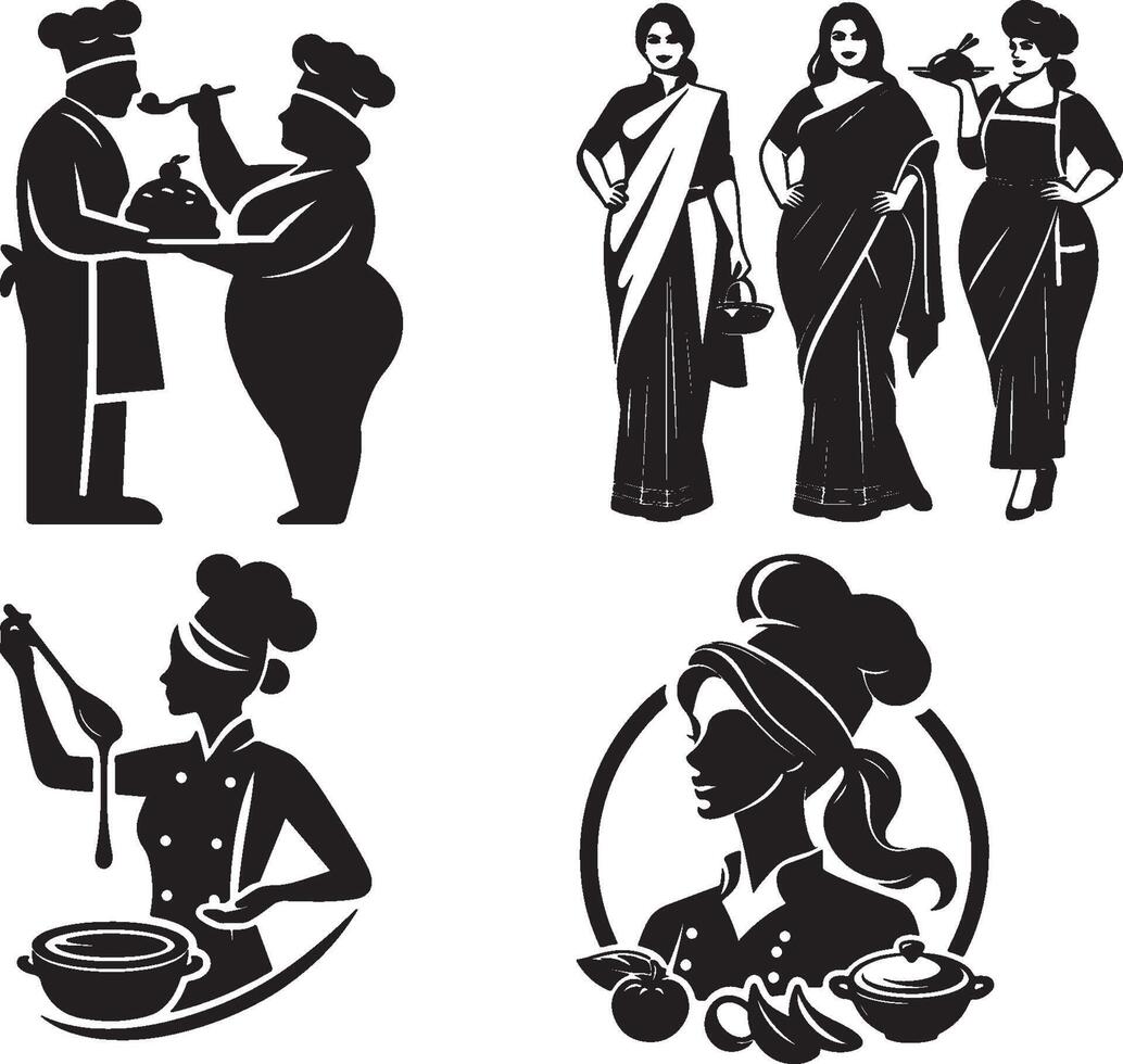 Collection of chef and indian women in black and white illustration design set isolated vector