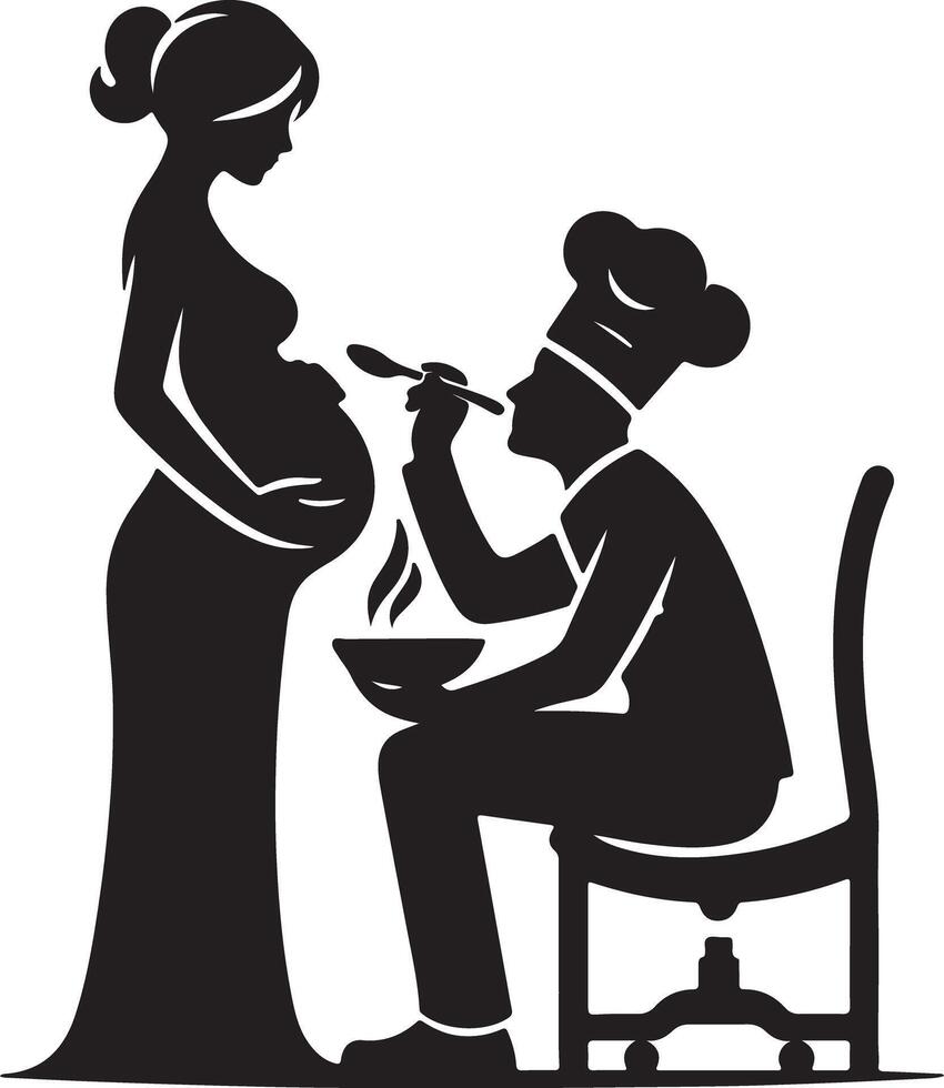 Silhouette of pregnant woman being fed by a chef sitting on a chair with spoon vector