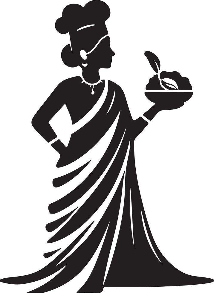 Silhouette of woman chef in sari holding bowl of food on white background art vector