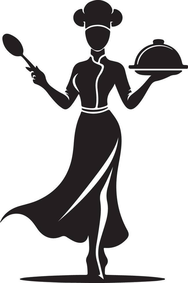 Silhouette of a female chef holding a spoon and a covered dish on a white background vector