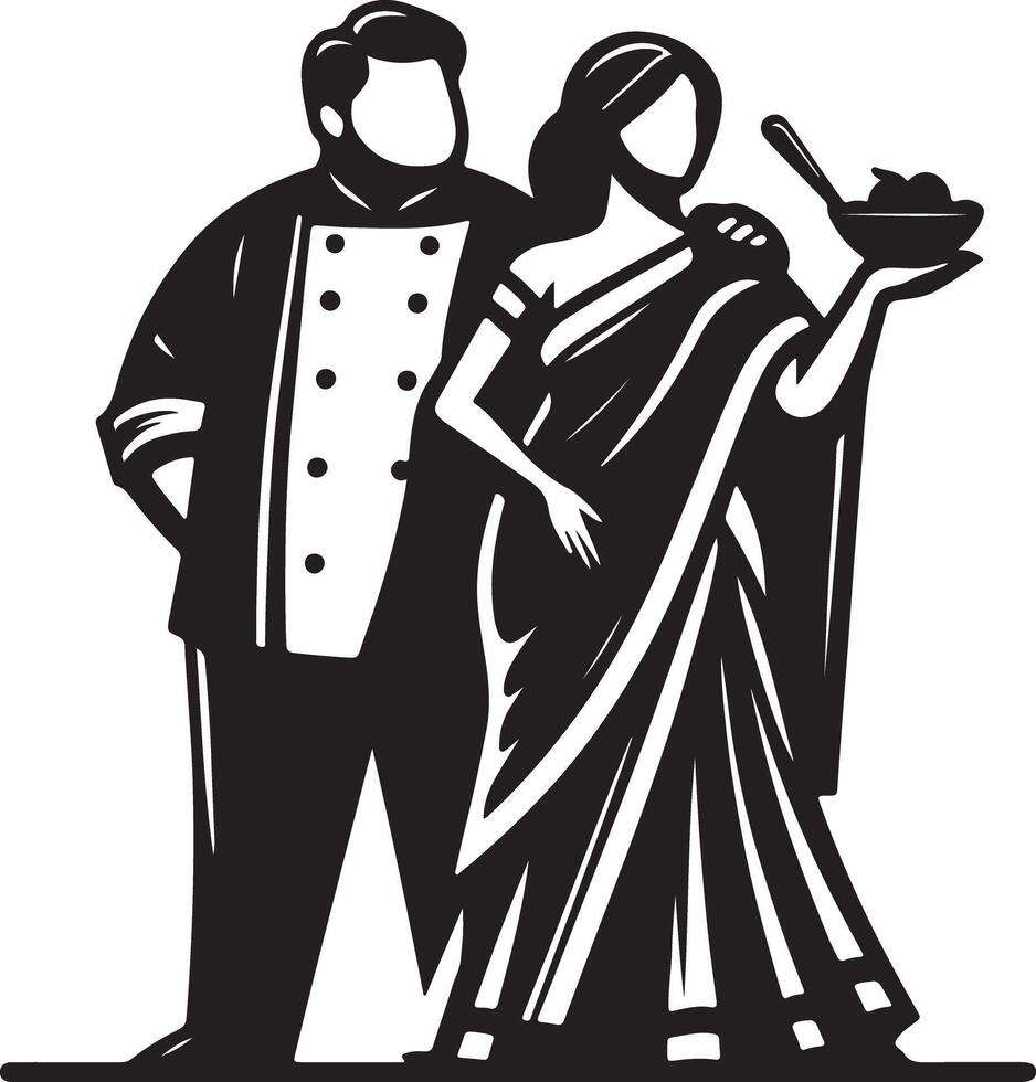 Chef and woman in saree presenting bowl of food in black and white illustration vector