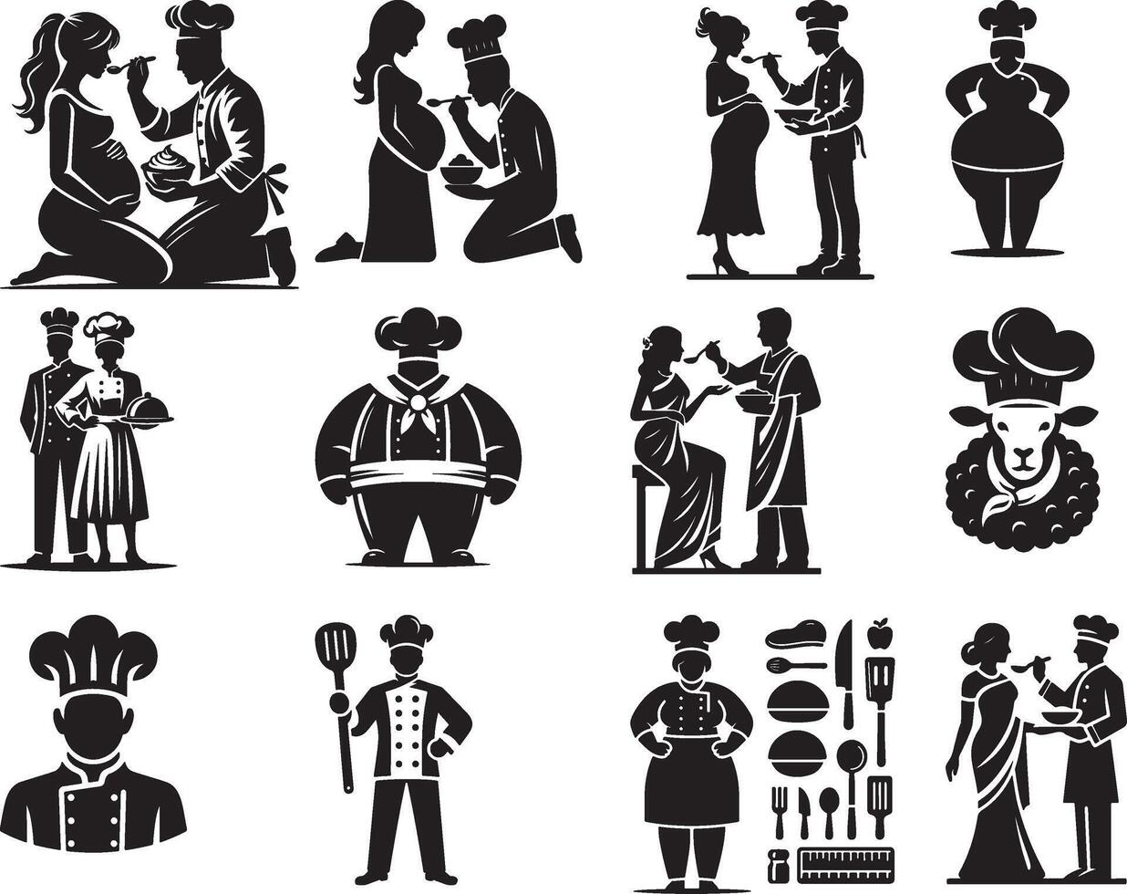 Black and white graphics featuring chefs, pregnant women, and cooking related elements vector