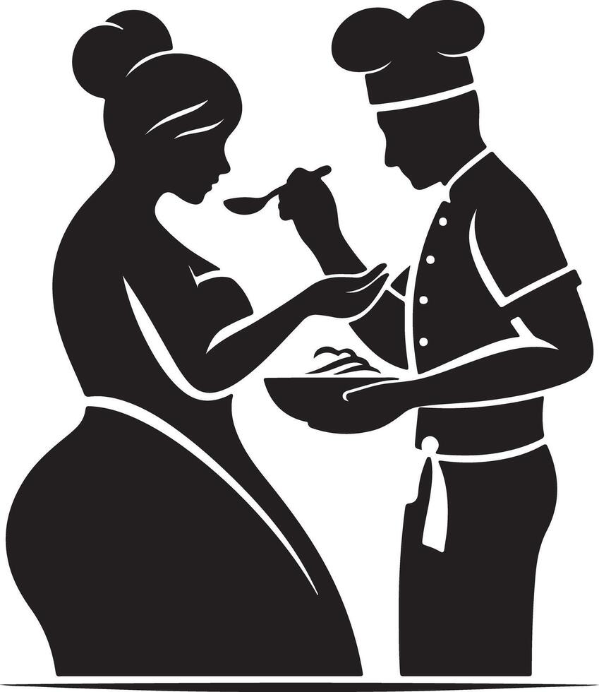Black silhouette of a chef feeding a woman from a bowl with a spoon in hand vector