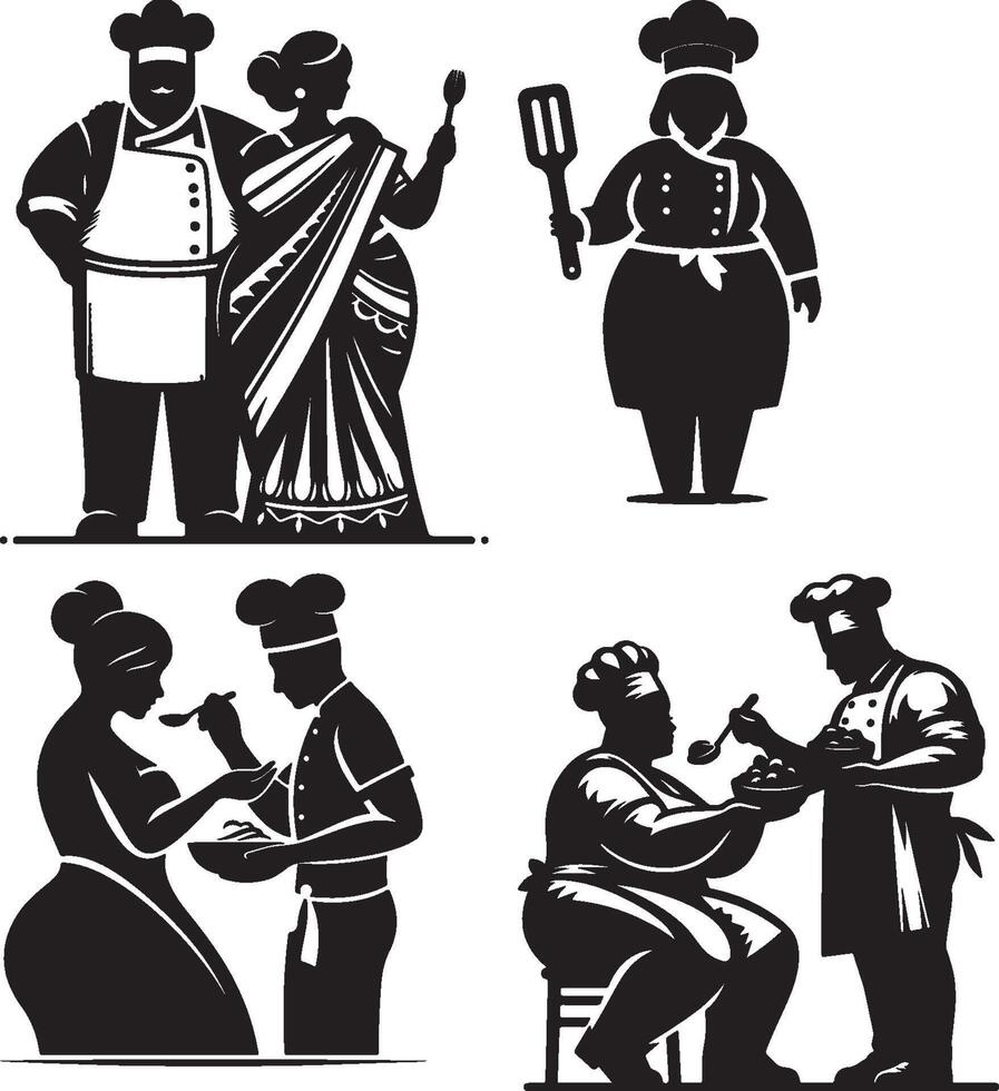 Four black and white illustrations of chefs and cooks in various poses and outfits on white background vector